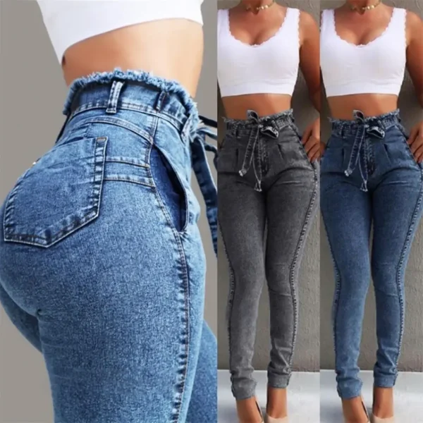 Fashion Belted High Waist Skinny Jeans Women Hot Loose Stretch Denim Long Pants Skinny Jeans Women Stretch Denim Long Pants - Image 3