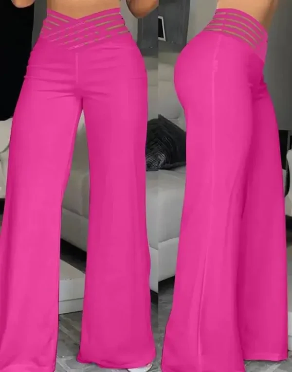 Elegant Wide Leg Fashion Office Trousers Casual Crisscross Sheer Mesh Patch High Waist Women's Flared Pants Y2k Streetwears 2024 - Image 5