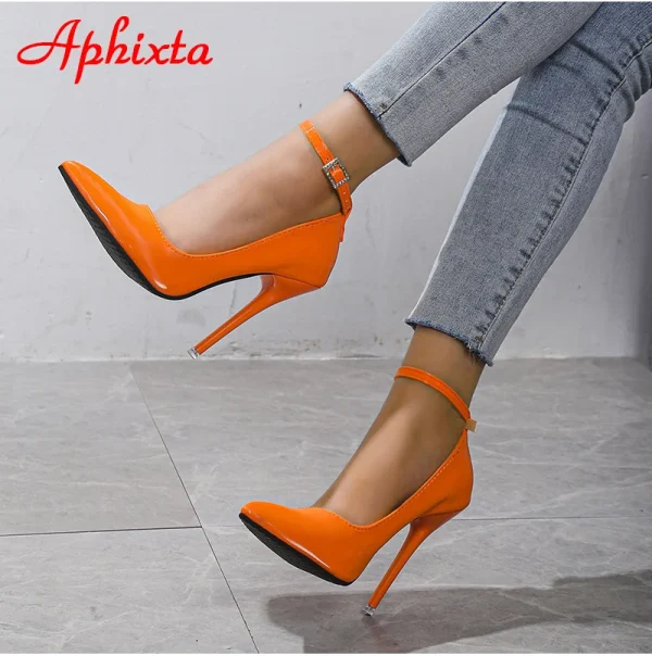 Aphixta Orange New Luxury Crystals Buckle Pimp Super High 12cm Stiletto heels Pumps Women Shoes Pointed Toe Colorful Party Pumps - Image 2