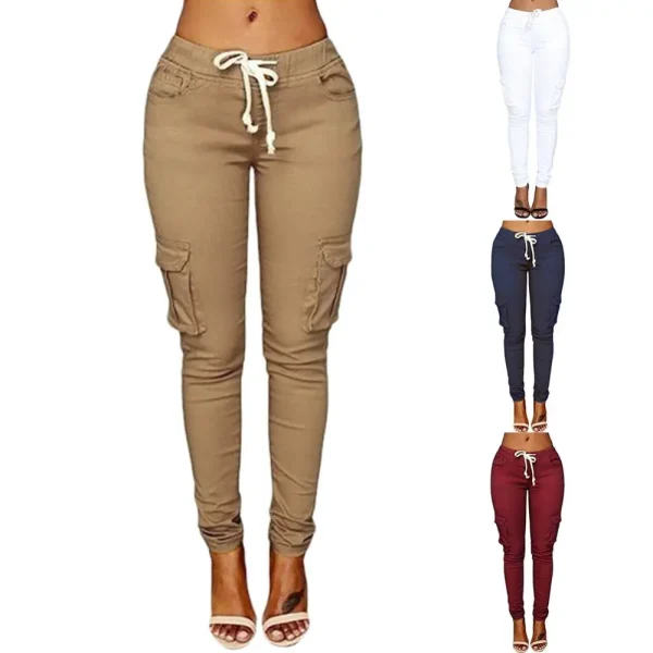 Mather 2023 Spring Lace Up Waist Casual Women Pants Solid Pencil Pants Multi-Pockets Straight Trousers S-4XL - Image 3