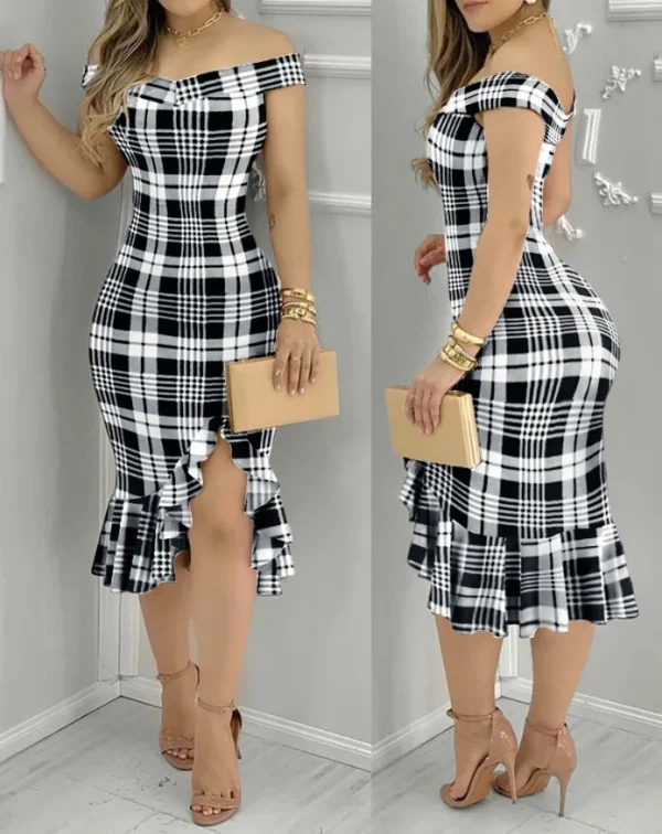 Womens Dresses 2024 Summer Fashion Beaded Off Shoulder Ruffles Slit Hem Elegant Plain Short Sleeve Skinny Midi Party Dress - Image 9