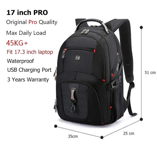 Swiss-Multifunctional bags Durable 17 Inch Laptop Backpack, Travel Bag,College Bookbag,USB Charging Port,Water Resistant - Image 8