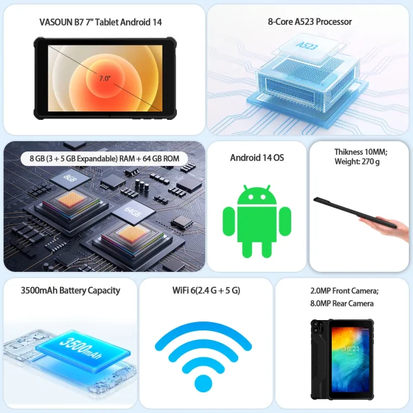 PRITOM Tablet 7" Android 14 Tablets, 8GB RAM(3+5GB Expand) 64GB ROM, A523 Octa-Core Processor, 5G WiFi+WiFi6, Dual Camera,Black - Image 3