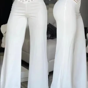 Elegant Wide Leg Fashion Office Trousers Casual Crisscross Sheer Mesh Patch High Waist Women's Flared Pants Y2k Streetwears 2024