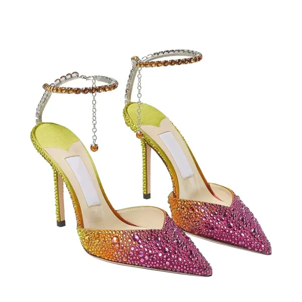 New high sense of gradual change of color full diamond crystal shoes fairy high heels rhinestone sandals wedding shoes - Image 7