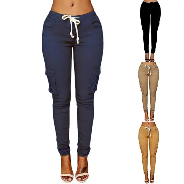 Mather 2023 Spring Lace Up Waist Casual Women Pants Solid Pencil Pants Multi-Pockets Straight Trousers S-4XL - Image 2