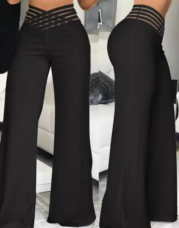 Elegant Wide Leg Fashion Office Trousers Casual Crisscross Sheer Mesh Patch High Waist Women's Flared Pants Y2k Streetwears 2024 - Image 6