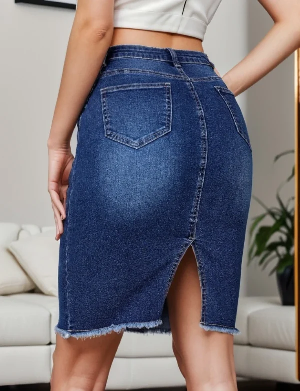 2024 Summer New Women's High Waist Slit Denim Skirt Fashion Sexy Slim Elastic Raw Edge Skinny Jeans Hip Covering Skirt S-2XL - Image 5
