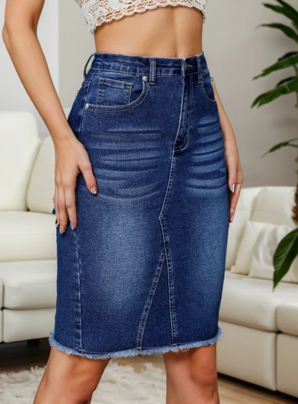 2024 Summer New Women's High Waist Slit Denim Skirt Fashion Sexy Slim Elastic Raw Edge Skinny Jeans Hip Covering Skirt S-2XL