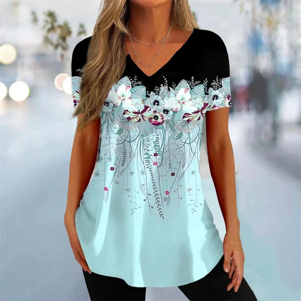 Simple Women's Short Sleeve 3D Flower Print Clothes Beautiful V Neck Short Sleeve T-Shirt Trendy Fashion Women's Streetwear - Image 9