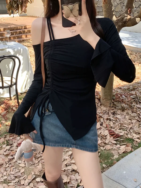 Sweet Sexy Drawstring Ribbon White Off Shoulder Top Women Basic Long Sleeve Body T-Shirt Elegant Flare Sleeve Lady Tees - Image 6