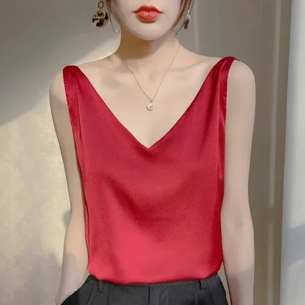 S-3XL Women Satin Silk Lace Summer Tank Tops Camis Vest Blouse Casual lady V-Neck Sleeveless Straps Vest Shirt - Image 8