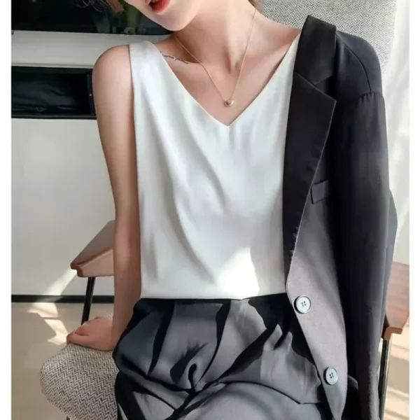 S-3XL Women Satin Silk Lace Summer Tank Tops Camis Vest Blouse Casual lady V-Neck Sleeveless Straps Vest Shirt - Image 6