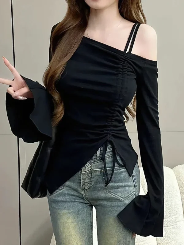 Sweet Sexy Drawstring Ribbon White Off Shoulder Top Women Basic Long Sleeve Body T-Shirt Elegant Flare Sleeve Lady Tees - Image 4