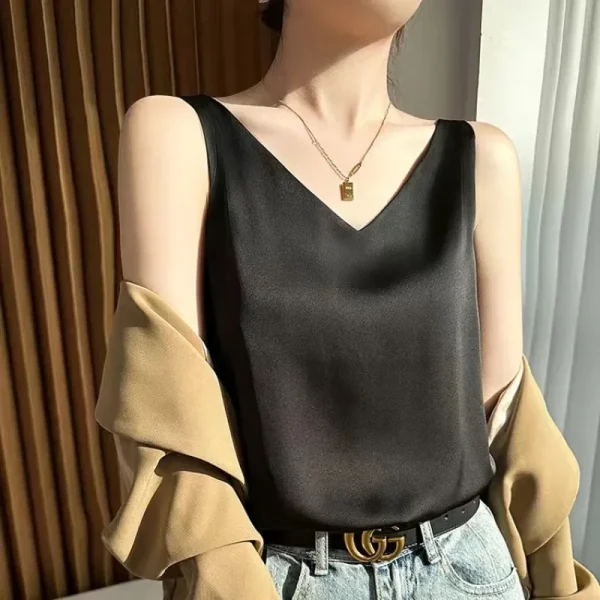 S-3XL Women Satin Silk Lace Summer Tank Tops Camis Vest Blouse Casual lady V-Neck Sleeveless Straps Vest Shirt - Image 5