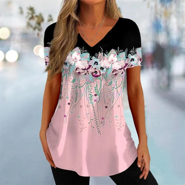 Simple Women's Short Sleeve 3D Flower Print Clothes Beautiful V Neck Short Sleeve T-Shirt Trendy Fashion Women's Streetwear - Image 4