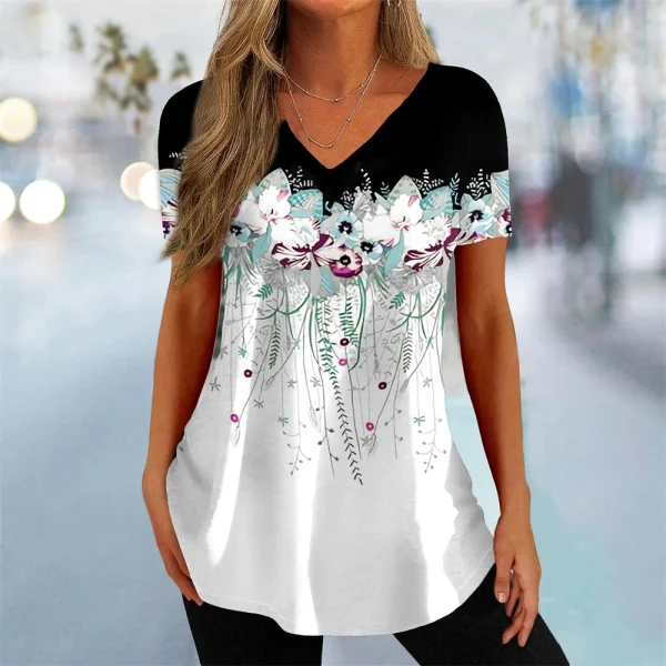 Simple Women's Short Sleeve 3D Flower Print Clothes Beautiful V Neck Short Sleeve T-Shirt Trendy Fashion Women's Streetwear - Image 12