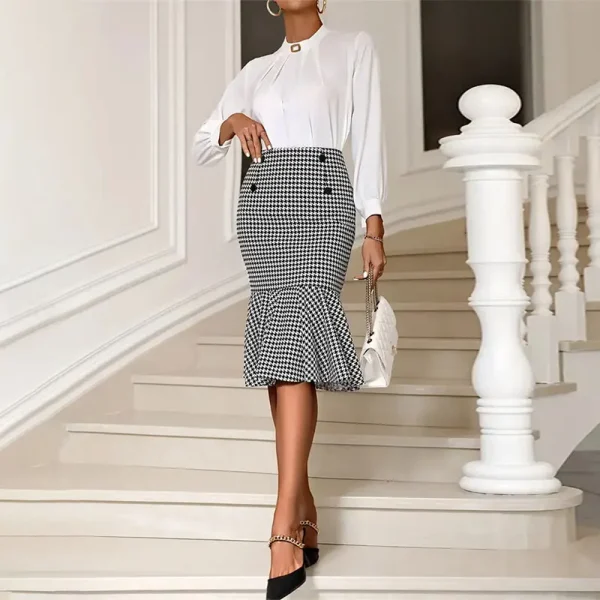 Elegant Houndstooth Printed Knee Length Skirts Women Fashion High Waist Slim Skirts Ladies Elegant Houndstooth Printed Knee Leng - Image 3