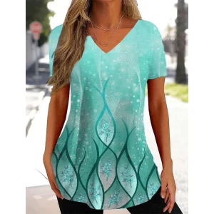 Simple Women's Short Sleeve 3D Flower Print Clothes Beautiful V Neck Short Sleeve T-Shirt Trendy Fashion Women's Streetwear