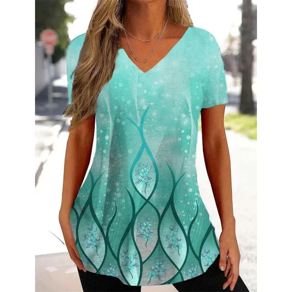 Simple Women's Short Sleeve 3D Flower Print Clothes Beautiful V Neck Short Sleeve T-Shirt Trendy Fashion Women's Streetwear