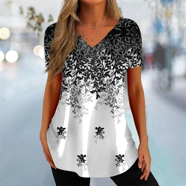 Simple Women's Short Sleeve 3D Flower Print Clothes Beautiful V Neck Short Sleeve T-Shirt Trendy Fashion Women's Streetwear - Image 2