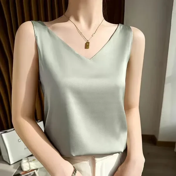 S-3XL Women Satin Silk Lace Summer Tank Tops Camis Vest Blouse Casual lady V-Neck Sleeveless Straps Vest Shirt - Image 9