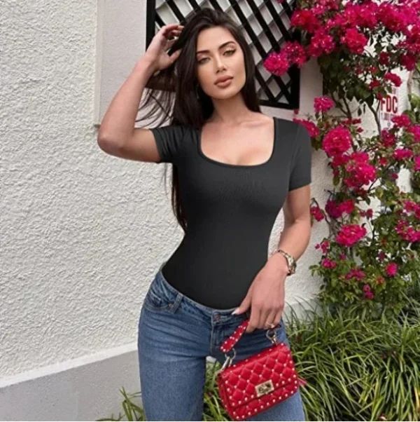 Summer Sexy Short Sleeve Ribbed Square Neck Thong Bodysuits One Piece Square Bodysuits Tummy Control Body Shapers Belly - Image 11