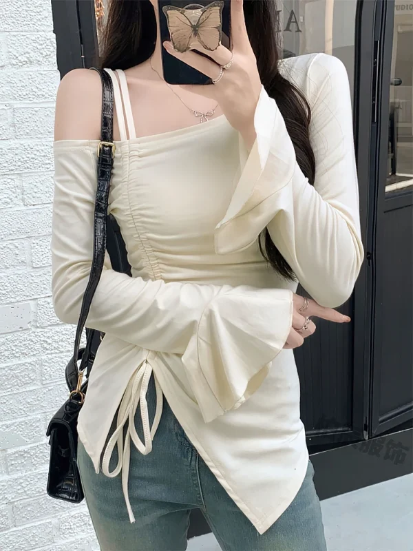 Sweet Sexy Drawstring Ribbon White Off Shoulder Top Women Basic Long Sleeve Body T-Shirt Elegant Flare Sleeve Lady Tees - Image 5