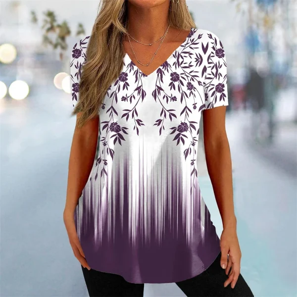 Simple Women's Short Sleeve 3D Flower Print Clothes Beautiful V Neck Short Sleeve T-Shirt Trendy Fashion Women's Streetwear - Image 5