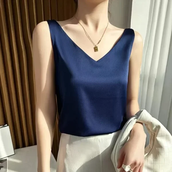 S-3XL Women Satin Silk Lace Summer Tank Tops Camis Vest Blouse Casual lady V-Neck Sleeveless Straps Vest Shirt - Image 4