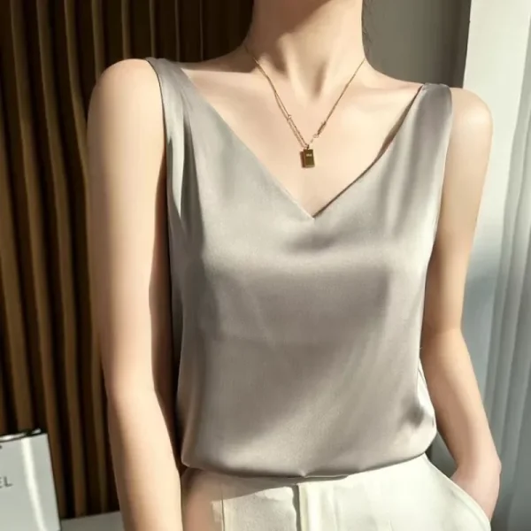 S-3XL Women Satin Silk Lace Summer Tank Tops Camis Vest Blouse Casual lady V-Neck Sleeveless Straps Vest Shirt - Image 2