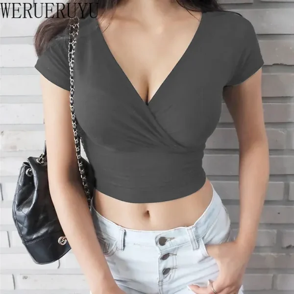 New Summer Black Sexy V-neck T-shirt Short Sleeve Y2k Crop Top Women Clothes Streetwear Korean Fashion Corset Tops Tshirts 2023 - Image 5