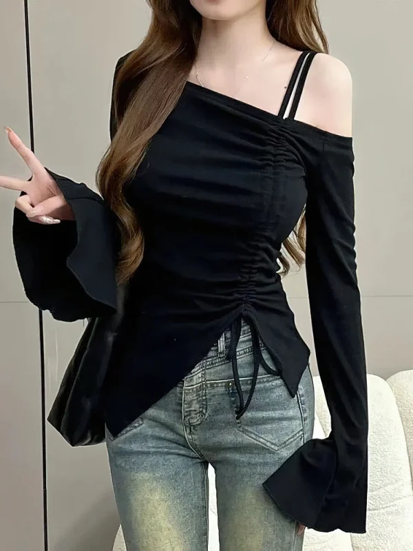 Sweet Sexy Drawstring Ribbon White Off Shoulder Top Women Basic Long Sleeve Body T-Shirt Elegant Flare Sleeve Lady Tees - Image 2