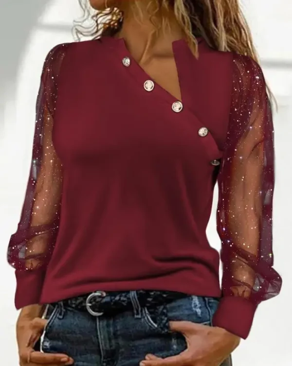 Top Women 2025 New Glitter Sheer Mesh Long Sleeve Top Asymmetrical Neck Sheer Mesh Button Casual Women Blouses - Image 5