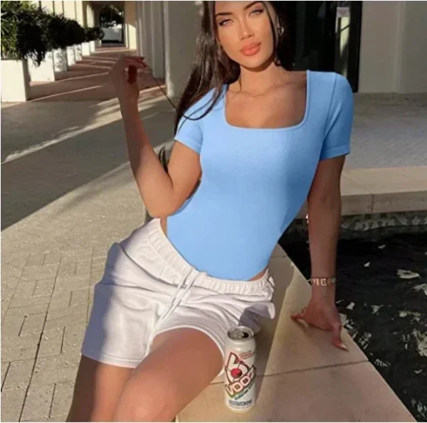 Summer Sexy Short Sleeve Ribbed Square Neck Thong Bodysuits One Piece Square Bodysuits Tummy Control Body Shapers Belly - Image 13