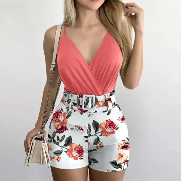 Fashion Summer Women's Two-piece Beach Suit 2024Sexy Slim Short Top Shorts Printing Casual Suspenders Package Hips 2 Piece Set 2