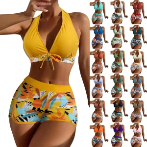 Women's Paneled Printed Swimsuit Ladies Fashion Sexy Split Boxer High Waist Swimsuit Two-Piece Set V-Neck Bathing Suits Female