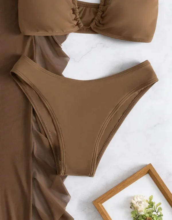 Women's 3 Piece Swimsuit Solid Halter Bikini Set with Ruffle Sheer Cover Up 2025 Bathing Suits & Swimwear - Image 21