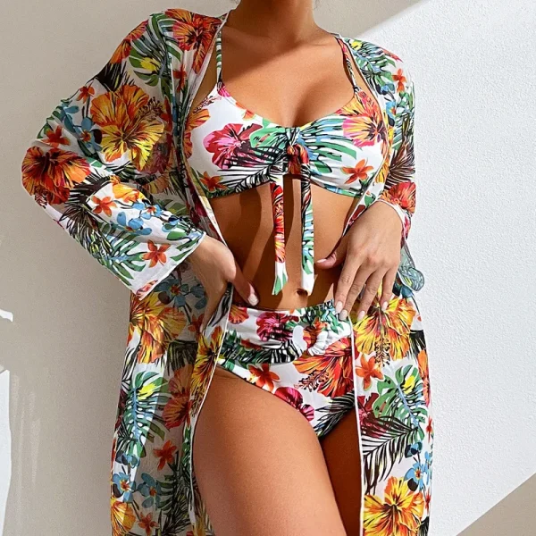 Bohemian Print Sexy Women's Beach Bikinis Three Pieces Bikini Set Cover Up Swimwear High Waisted Bikini Set Women Swimsuit 2025 - Image 4