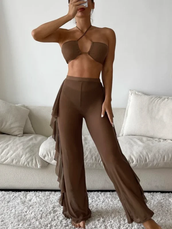 Women's 3 Piece Swimsuit Solid Halter Bikini Set with Ruffle Sheer Cover Up 2025 Bathing Suits & Swimwear - Image 19