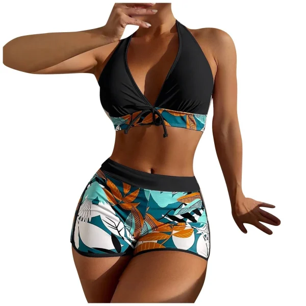 Women's Paneled Printed Swimsuit Ladies Fashion Sexy Split Boxer High Waist Swimsuit Two-Piece Set V-Neck Bathing Suits Female - Image 3
