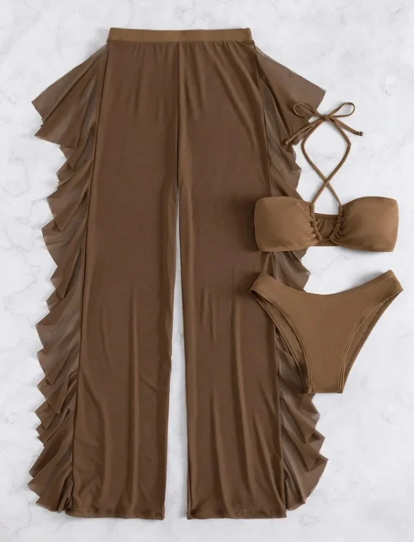 Women's 3 Piece Swimsuit Solid Halter Bikini Set with Ruffle Sheer Cover Up 2025 Bathing Suits & Swimwear - Image 10