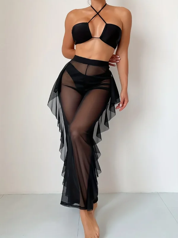 Women's 3 Piece Swimsuit Solid Halter Bikini Set with Ruffle Sheer Cover Up 2025 Bathing Suits & Swimwear - Image 6