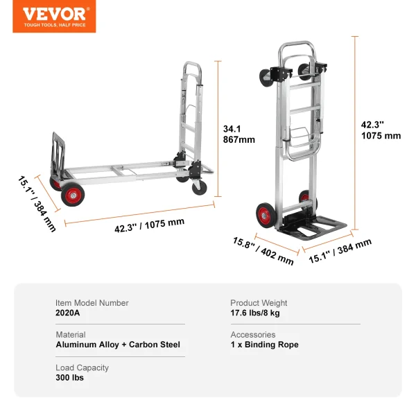 VEVOR 400 lbs Folding Hand Truck Lightweight Dolly with Wheels Foldable Luggage Utility Cart for Transport Moving in Warehouse - Image 7