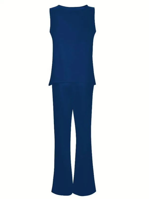 Plus Size 1XL-5XL Women's Casual Outfits Two Piece Set Solid Round Neck Tank Top  Wide Leg Pants Outfits 2 Piece Set - Image 5