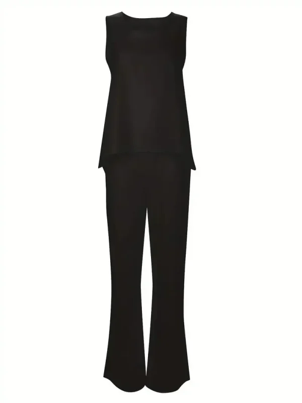 Plus Size 1XL-5XL Women's Casual Outfits Two Piece Set Solid Round Neck Tank Top  Wide Leg Pants Outfits 2 Piece Set - Image 14