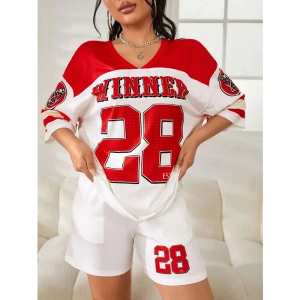 3.18 Fashion Sports Casual Yoga Plus Size Women's Clothing Set Alphanumeric Printed T-shirt and Sports Shorts, Comfortable Set - Image 3