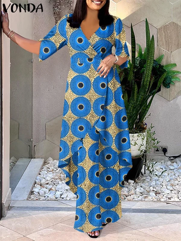Plus Size 5XL VONDA Women Pants Sets 2025 Casual Printed Suits Vintage V Neck Half Sleeve Tops and Trousers Party Matching Sets - Image 4