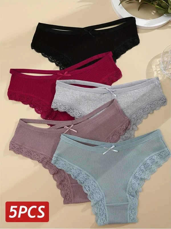 5PCS Women's Cotton Briefs Sexy Lace Underpant Hollow Brazilian Panties Comfortable Underwear Lingerie S-XL Solid Color Lingerie - Image 8