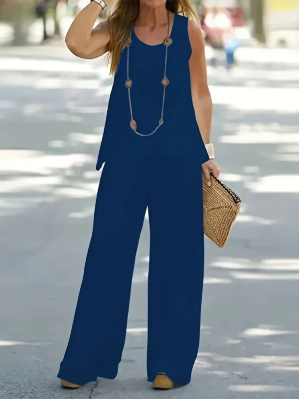 Plus Size 1XL-5XL Women's Casual Outfits Two Piece Set Solid Round Neck Tank Top  Wide Leg Pants Outfits 2 Piece Set - Image 4
